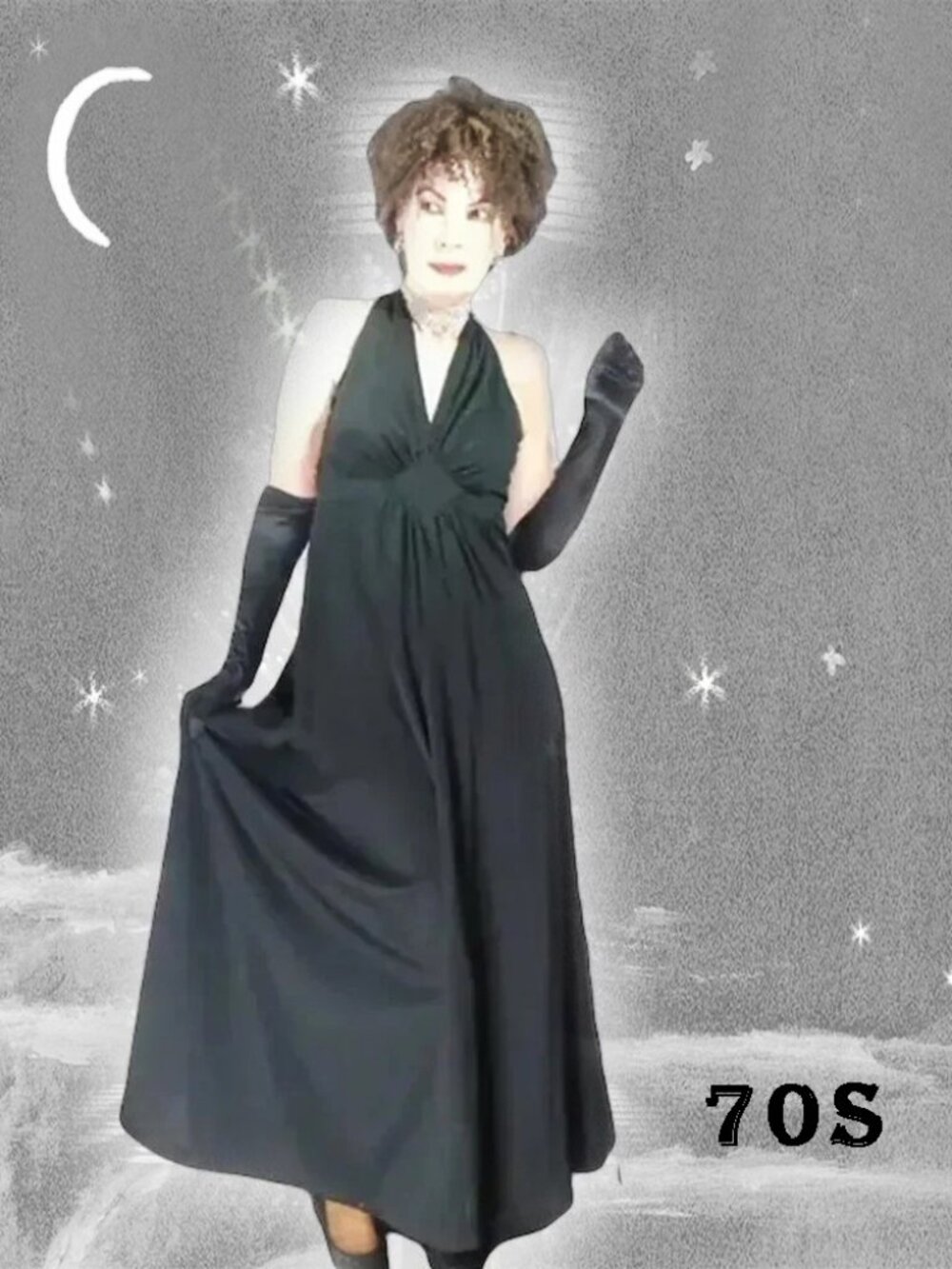 Black Formal Halter Gown 70s Vintage with Big Sweep
